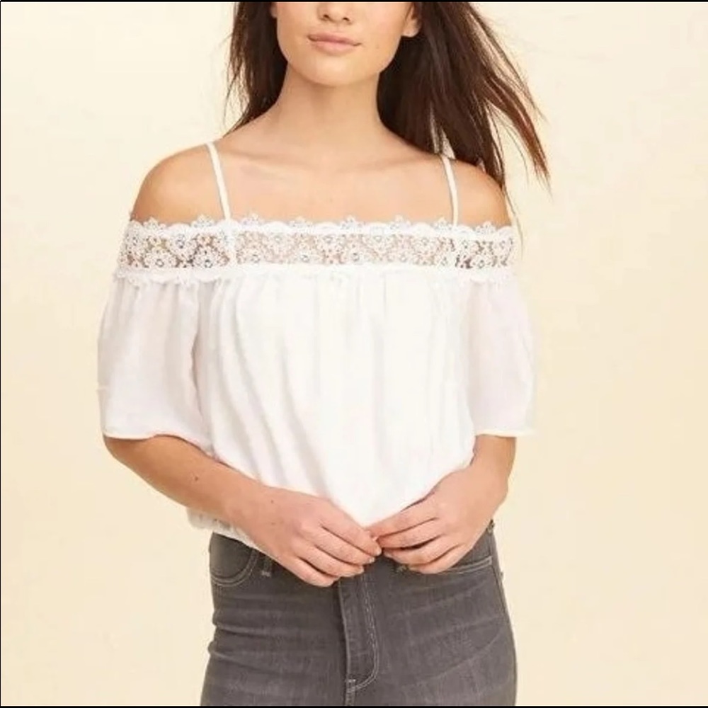 Hollister White Lace Trim Off the Shoulder Top